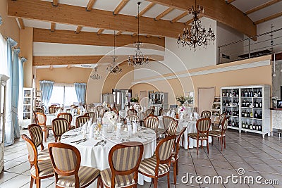 Mediterranean interior - reception tables Stock Photo