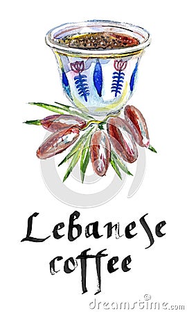 Mediterranean, lebanese coffee cup, watercolor, hand drawn - Illustration Vector Illustration