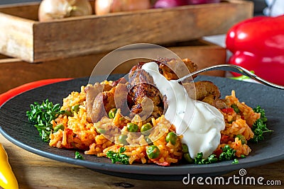 Mediterranean meal with meat and vegetable rice Stock Photo