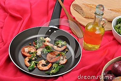 Mediterranean pan with prawn Stock Photo