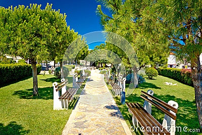 Mediterranean park with benches view Stock Photo