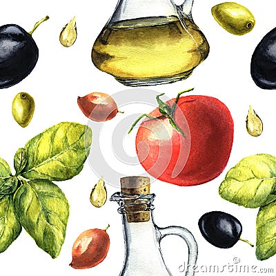 Mediterranean pattern with olives, olive oil, basil, tomato. Watercolor illustration. Cartoon Illustration