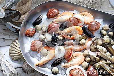 Mediterranean, raw seafood mix on a metal plate. Marine composition, selective focus. Fish shop assortment. Stock Photo