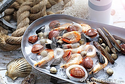 Mediterranean, raw seafood mix on a metal plate, top view. Marine composition, selective focus. Fish shop assortment. Stock Photo
