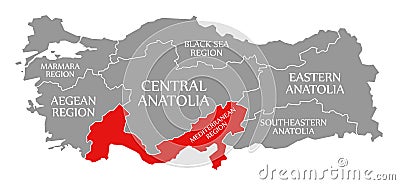 Mediterranean Region red highlighted in map of Turkey Stock Photo