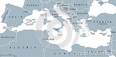 The Mediterranean Sea, countries and borders, gray political map Vector Illustration