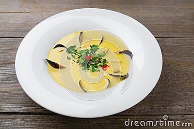 Mediterranean seafood cream soup with mussels Stock Photo