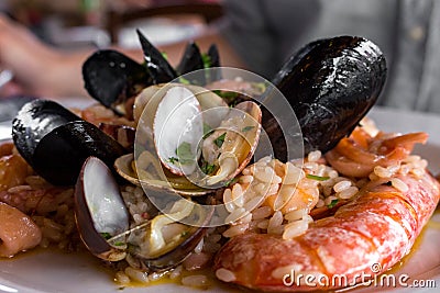 Mediterranean seafood dish. Risotto meal. Italian delicious cuisine. Stock Photo