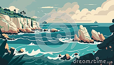 Mediterranean seaside. Vector illustration of european coast. Cartoon drawing of riviera. Holiday Vector Illustration