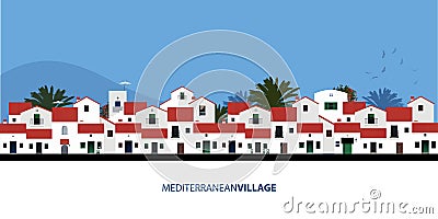 Mediterranean Spanish houses, palms, birds and blue sky bakground. Vector Illustration