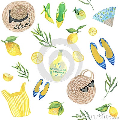 Mediterranean style watercolor pattern. Summer nature view. Accessories with lemons. Seamless pattern. Cartoon Illustration