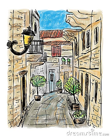 Mediterranean town painting Vector Illustration