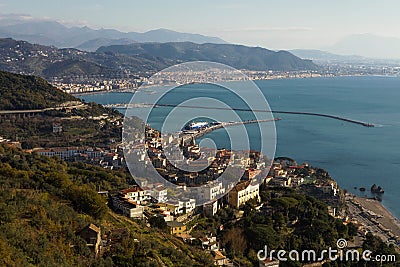 Mediterranean town of Vietri sul mare at the Amalfi coast and the gulf of Salerno in the background Stock Photo