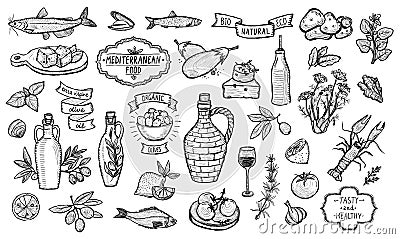 Mediterranean traditional food collection, graphic vector illustration Vector Illustration