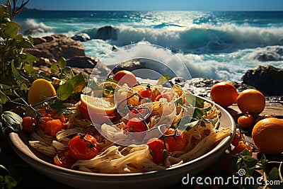 Mediterranean vibes raw pasta, cherry tomatoes, and peppers, seaside serenity Stock Photo