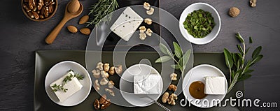 A medley of sweet and salty cubes of creamy burrata and a variety of herbs es and nuts.. AI generation Stock Photo