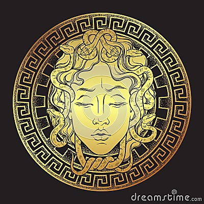 Medusa Gorgon golden head on a shield hand drawn line art and dot work print design isolated vector illustration. Gorgoneion is a Vector Illustration