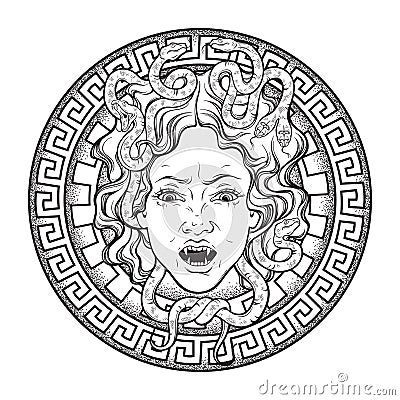 Medusa Gorgon head on a shield hand drawn line art and dot work tattoo or print design isolated vector illustration. Gorgoneion is Vector Illustration