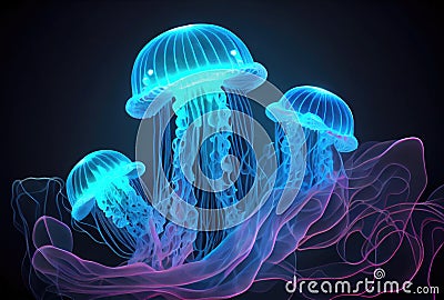 Medusa Jellyfish with glowing illumination light under the deep sea in the dark background. Marine life and animal concept. Stock Photo