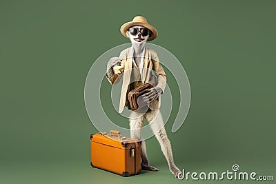 meerkat in a fashionable suit travels with a suitcase, Generative AI Stock Photo