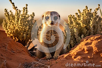 A meerkat perched in solitude amidst the vastness of a barren desert landscape, A meerkat on guard duty outside its desert burrow Stock Photo