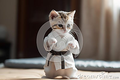Ai Generative Cute little bengal kitten with a karate belt Stock Photo