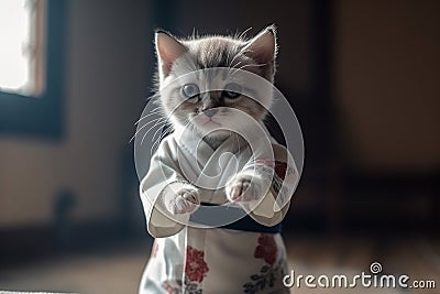 Ai Generative Cute little bengal kitten with a karate belt Stock Photo