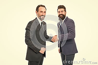 Meet our business partner. Business team. Business people concept. Men bearded wear formal suits. Well groomed business Stock Photo