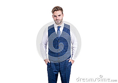 Meet your tailored needs. Ambitious man isolated on white. Tailored garment. Bespoke tailoring Stock Photo