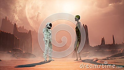 Meeting an alien and an astronaut on a mysterious planet in a distant deep space. 3D Rendering. Stock Photo