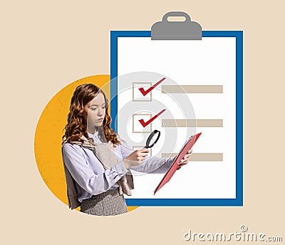 Meeting business deadlines. Young business woman stares at business plan of new project. Concept of business, project Stock Photo