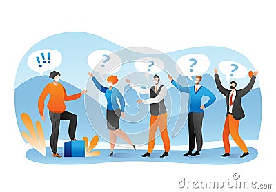 Meeting with business question from person character, vector illustration. Man woman people with speech bubble talk to Cartoon Illustration