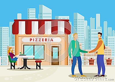 Meeting Businessmen Pizzeria. Business Partnership Vector Illustration