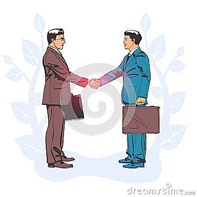 Meeting businessmen sketch. Two businessmen in suits with briefcase shake hand line. Business concept. Vector Illustration