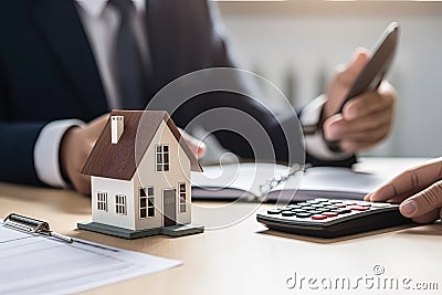 Meeting between buyer and agent about buying or renting house, get insurance. Concept of mortgage and loan real estate Stock Photo