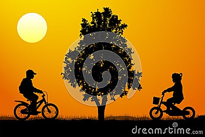 Meeting of children on bicycles near a tree at sunset, silhouette vector. Vector Illustration