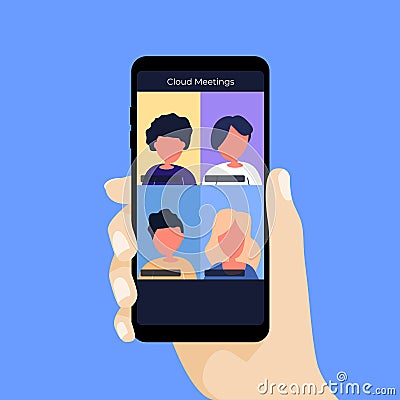 Meeting a company via video conference on a mobile phone. Cloud Meetings. Vector Illustration