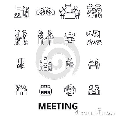 Meeting, conference, business room, presentation, office, handshake, consulting line icons. Editable strokes. Flat Vector Illustration