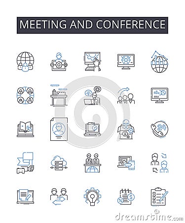 Meeting and conference line icons collection. Assembly, Gathering, Convention, Symposium, Forum, Session, Colloquium Vector Illustration