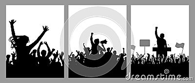 Meeting of crowd people, black silhouette. Speaker and protest and demonstration, set of vertical poster. Vector illustration Vector Illustration