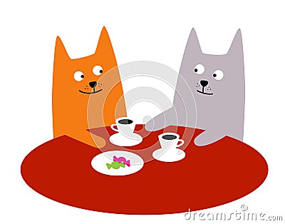 A meeting of friends. Red and gray cats drink coffee. Vector Illustration