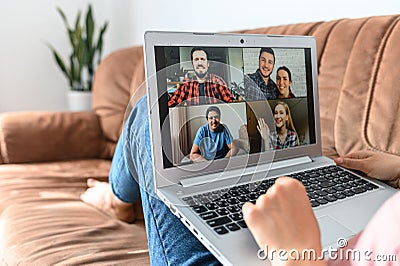 Young woman using laptop for video call, zoom Stock Photo