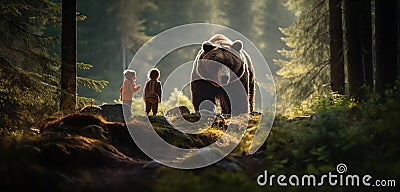 Meeting between a human and a bear in the forest. Stock Photo