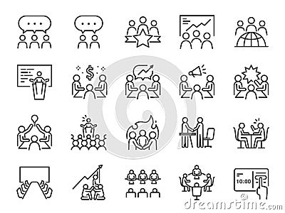 Meeting line icon set. Included icons as meeting room, team, teamwork, presentation, idea, brainstorm and more. Vector Illustration