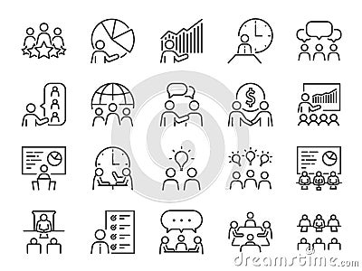 Meeting line icon set. Included icons as meeting room, team, teamwork, presentation, idea, brainstorm and more. Vector Illustration
