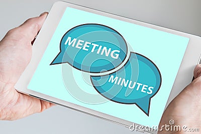 Meeting minutes concept with hands holding modern tablet or smartphone to be used as slide background Stock Photo