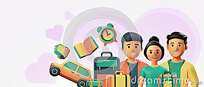 Meeting new friends concept. Great time to reunite group of school friends with tourist trip on pink background, clock, car trip Stock Photo