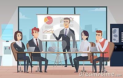 Meeting office interior. Business conference room with people managers working team vector cartoon interior Vector Illustration