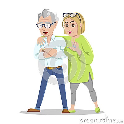 Meeting old friends. Cheerful senior people hipsters gathering and having fun. Happy pensioners at retirement on white. Vector Illustration