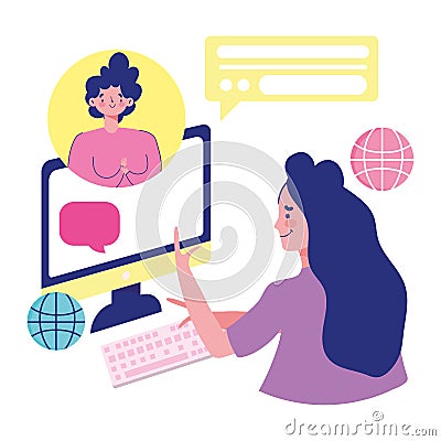 Meeting online, women computer speech conversation dialogue internet Vector Illustration